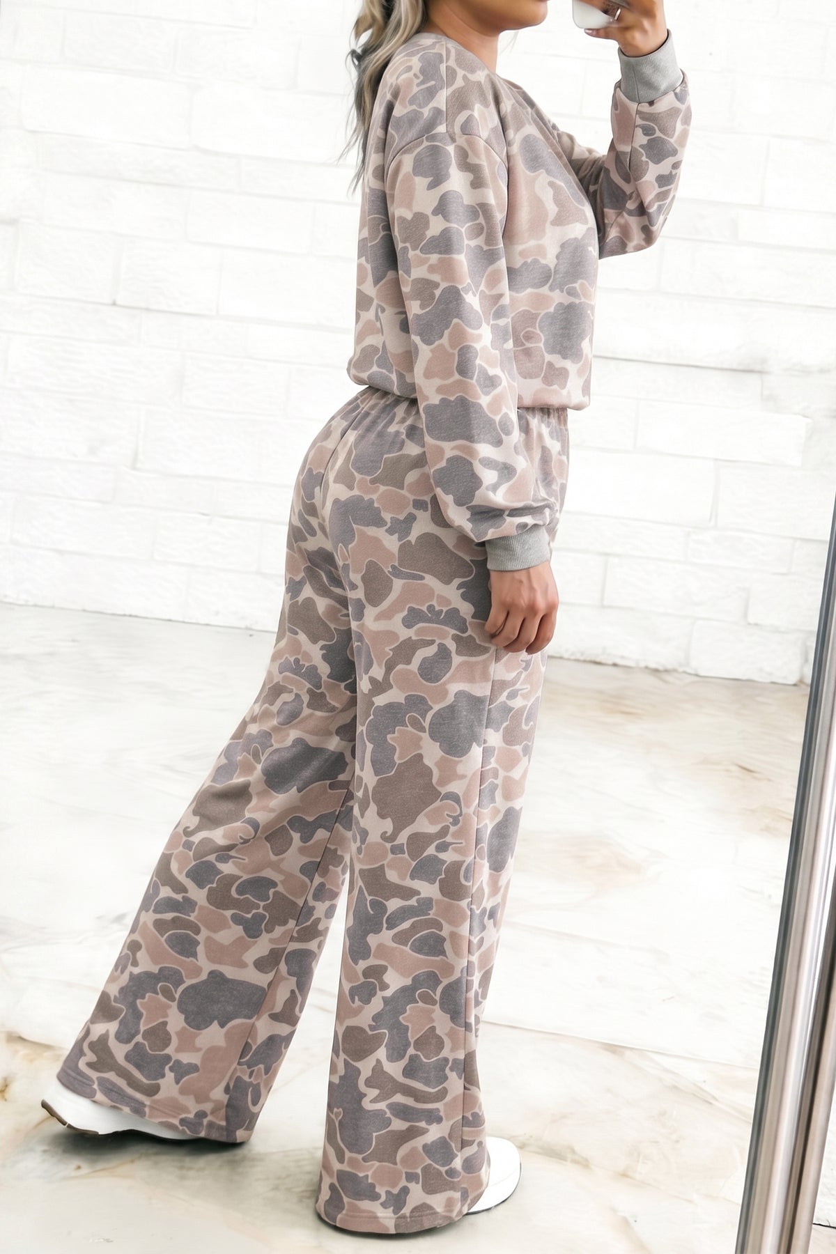 Camouflage Long Sleeve Round Neck Two-Piece Plus Size Set