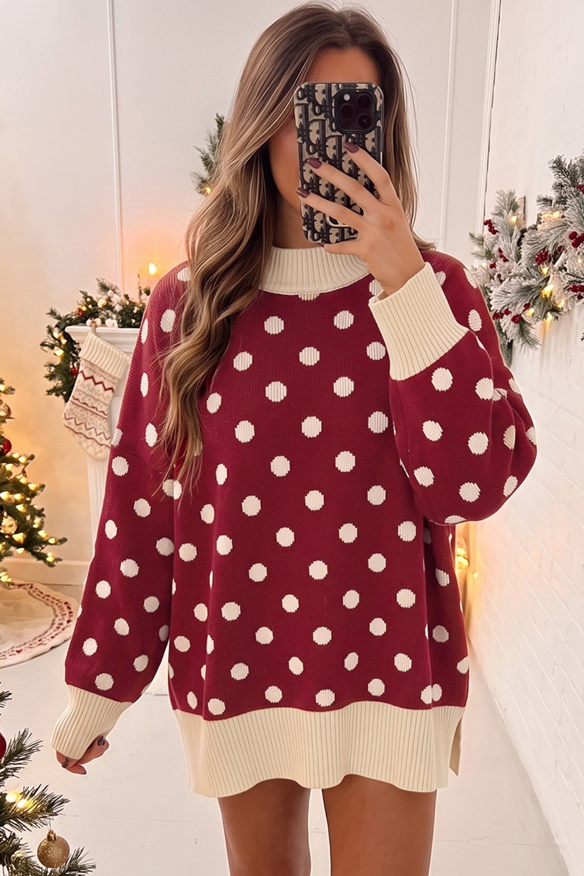 Polka Dot Pattern Ribbed Colorblock Trim Split Tunic Sweater/3 Color Options