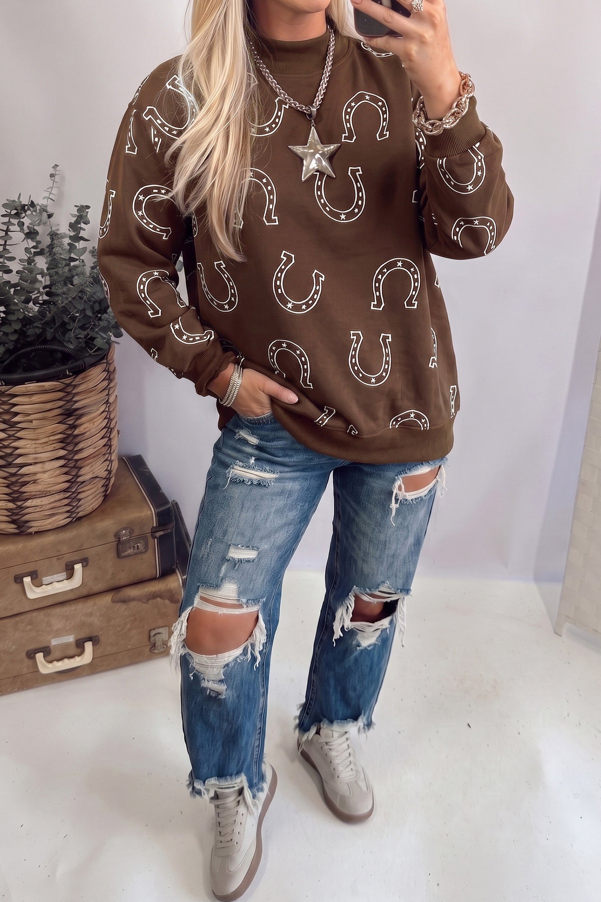Horseshoe Print Mock Neck Casual Pullover Sweatshirt/2 Colors Options