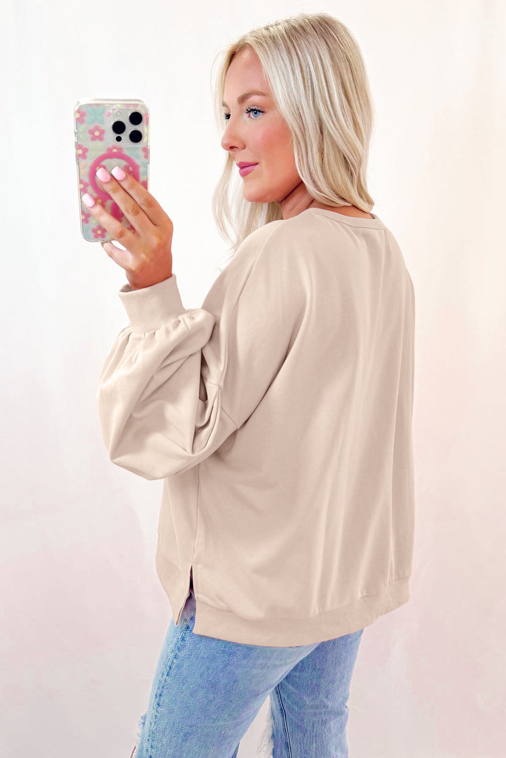 Embroidered Bow Lantern Sleeve Oversized Pullover Sweatshirt/2 Color Options
