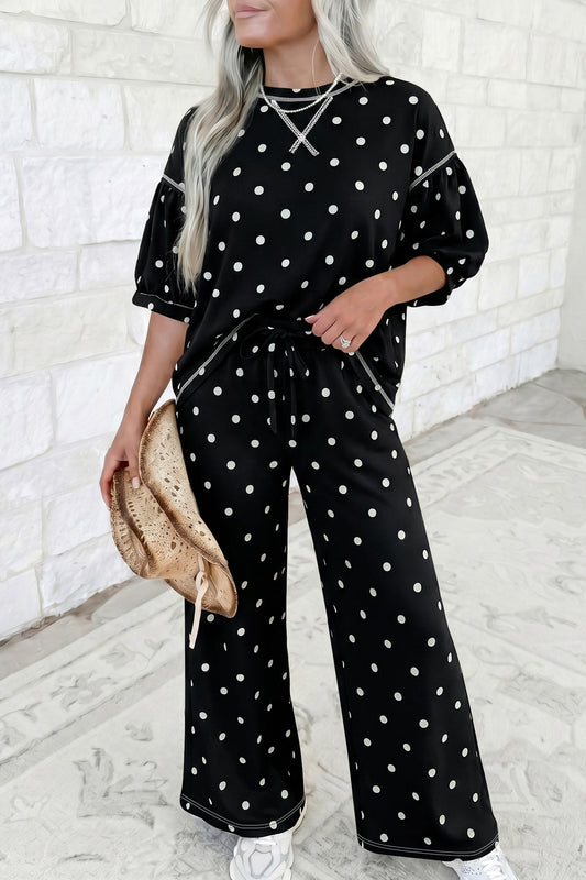 Polka Dot Half Sleeve Loose Top Elastic Waist Casual Pants Set/2 Color Options