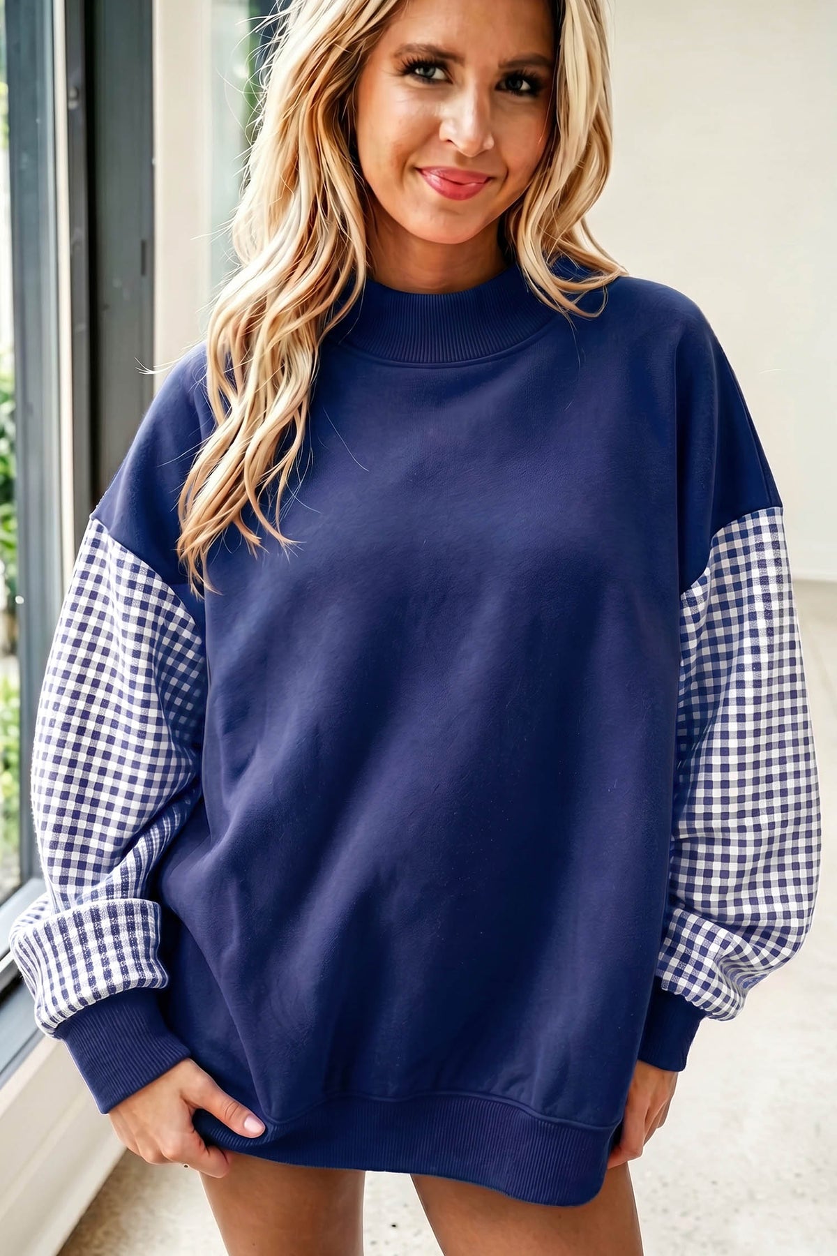 Plaid Sleeve Colorblock Loose Tunic Sweatshirt/8 Color Options