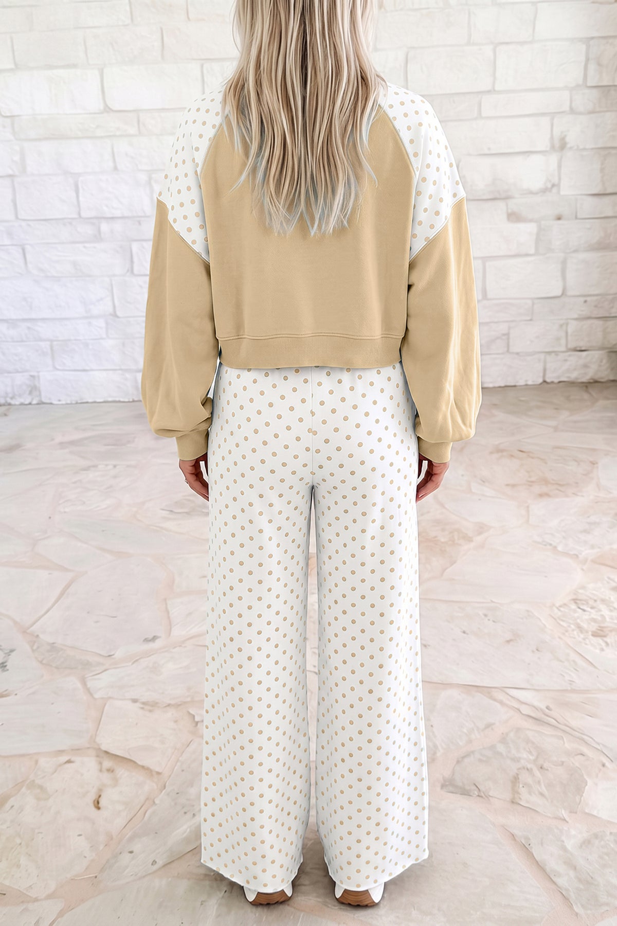 Polka Dot Patchwork Colorblock Long Sleeve Casual Two Piece Pants Set/4 Color Options
