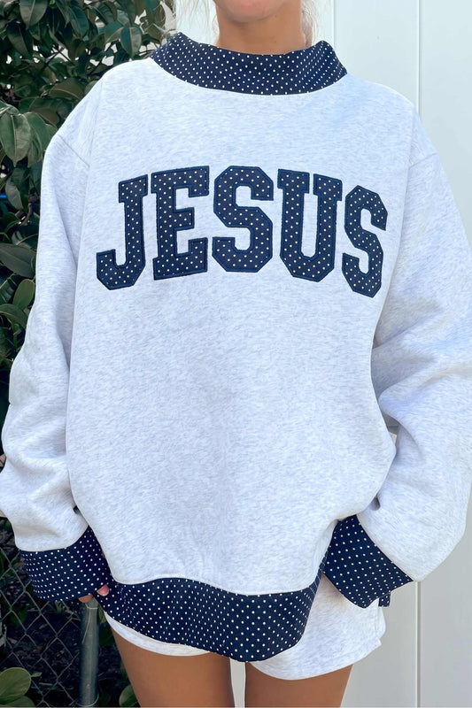 Polka Dot Contrast Trim JESUS Letter Graphic Sweatshirt