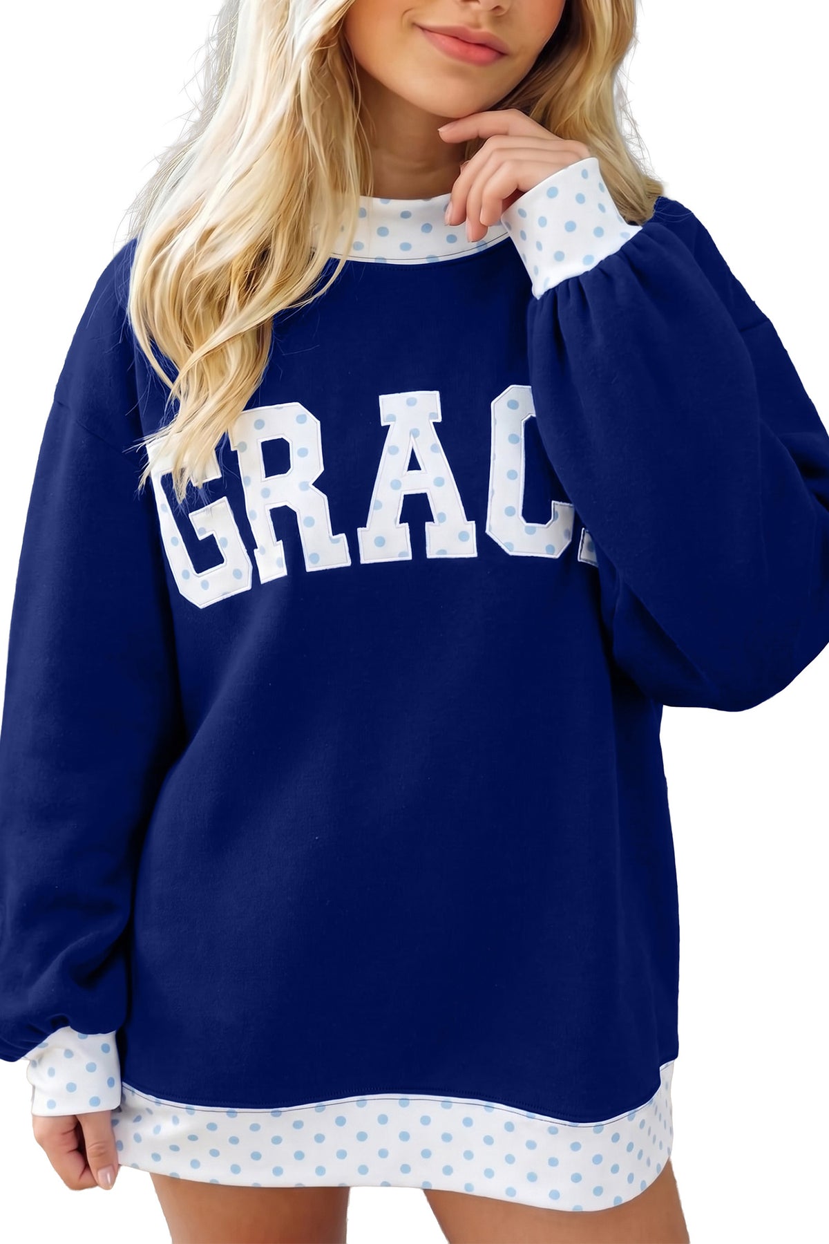 Polka Dot Trim High Neck Letter Graphic Baggy Sweatshirt/3 Color/Styles