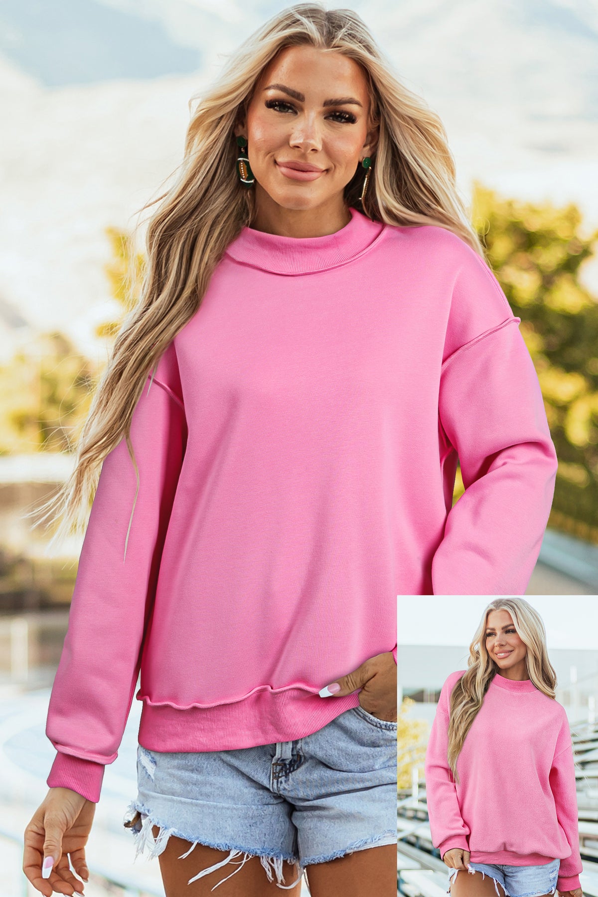 Oversize Drop Shoulder Reversible Mock Neck Sweatshirt/14 Color Options