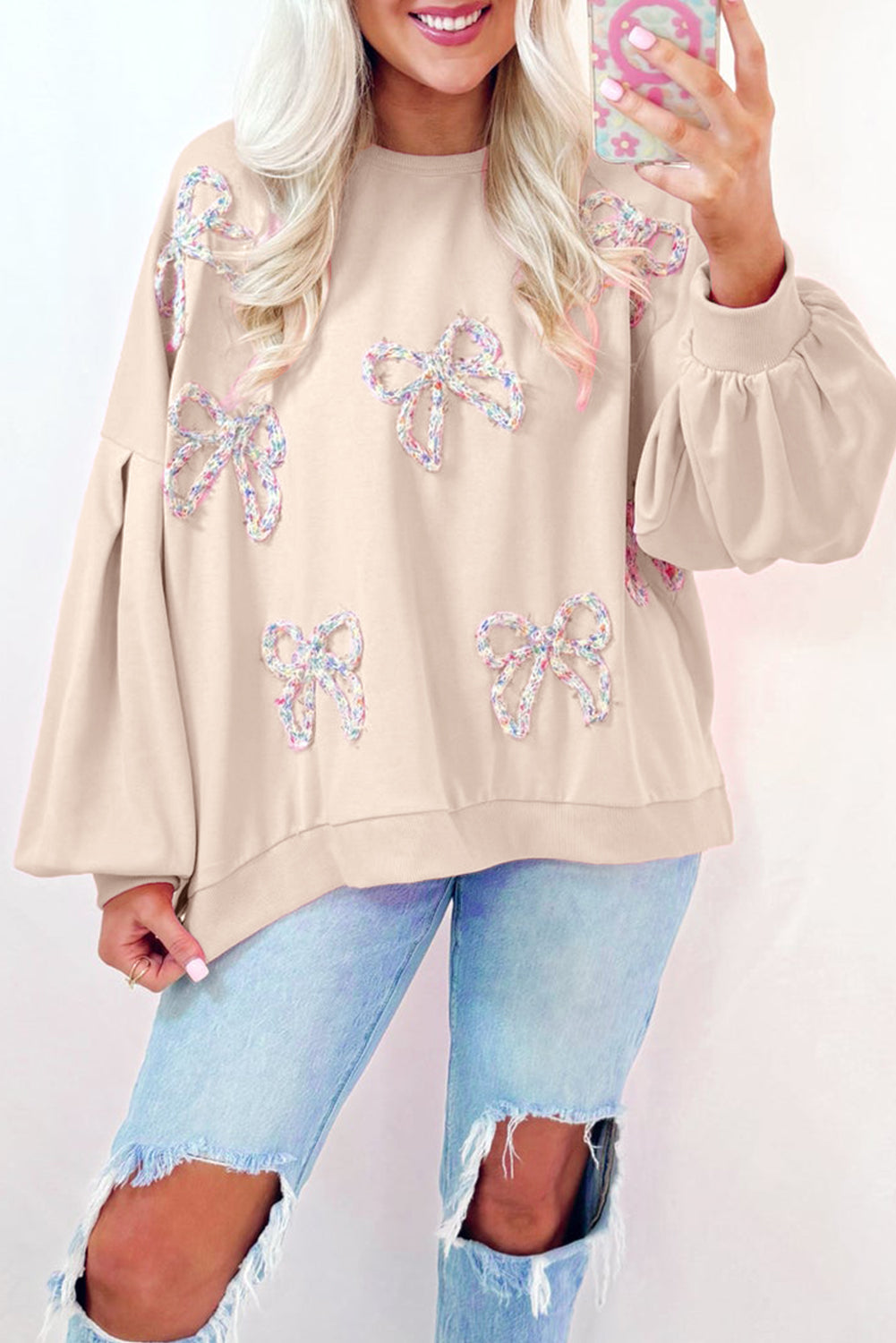 Embroidered Bow Lantern Sleeve Oversized Pullover Sweatshirt/2 Color Options