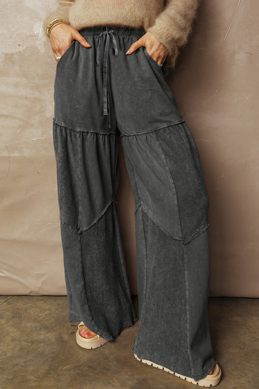Mineral Wash Tiered Wide Leg Patchwork Drawstring Pants/3 Color Options