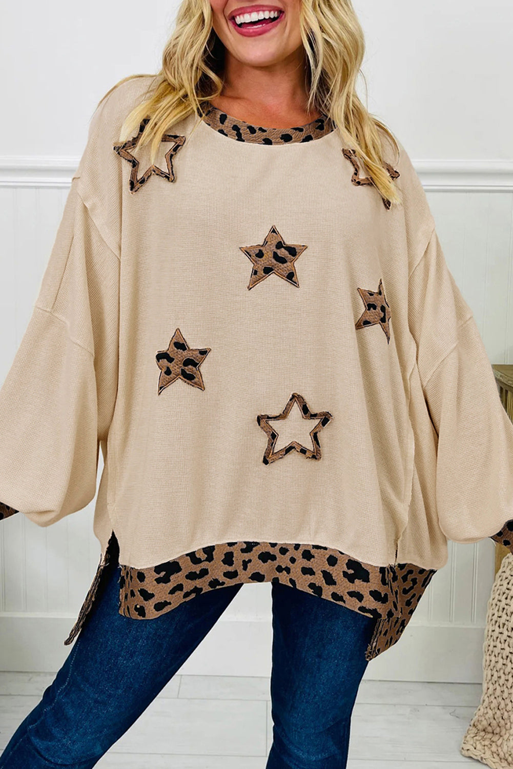 Leopard Star Patchwork Detail Raw Seam Baggy Sweatshirt