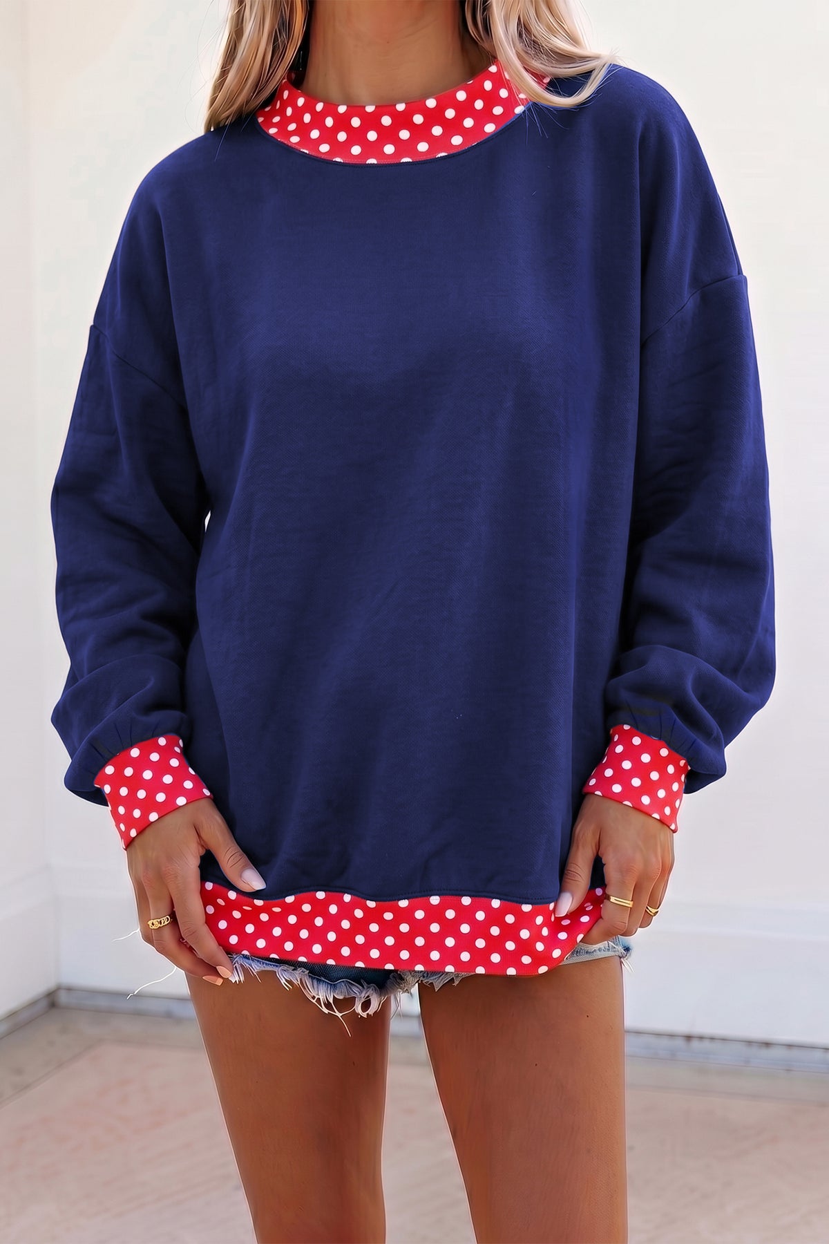 Colorblock Polka Dot Contrast Trim Oversized Sweatshirt/9 Color Options