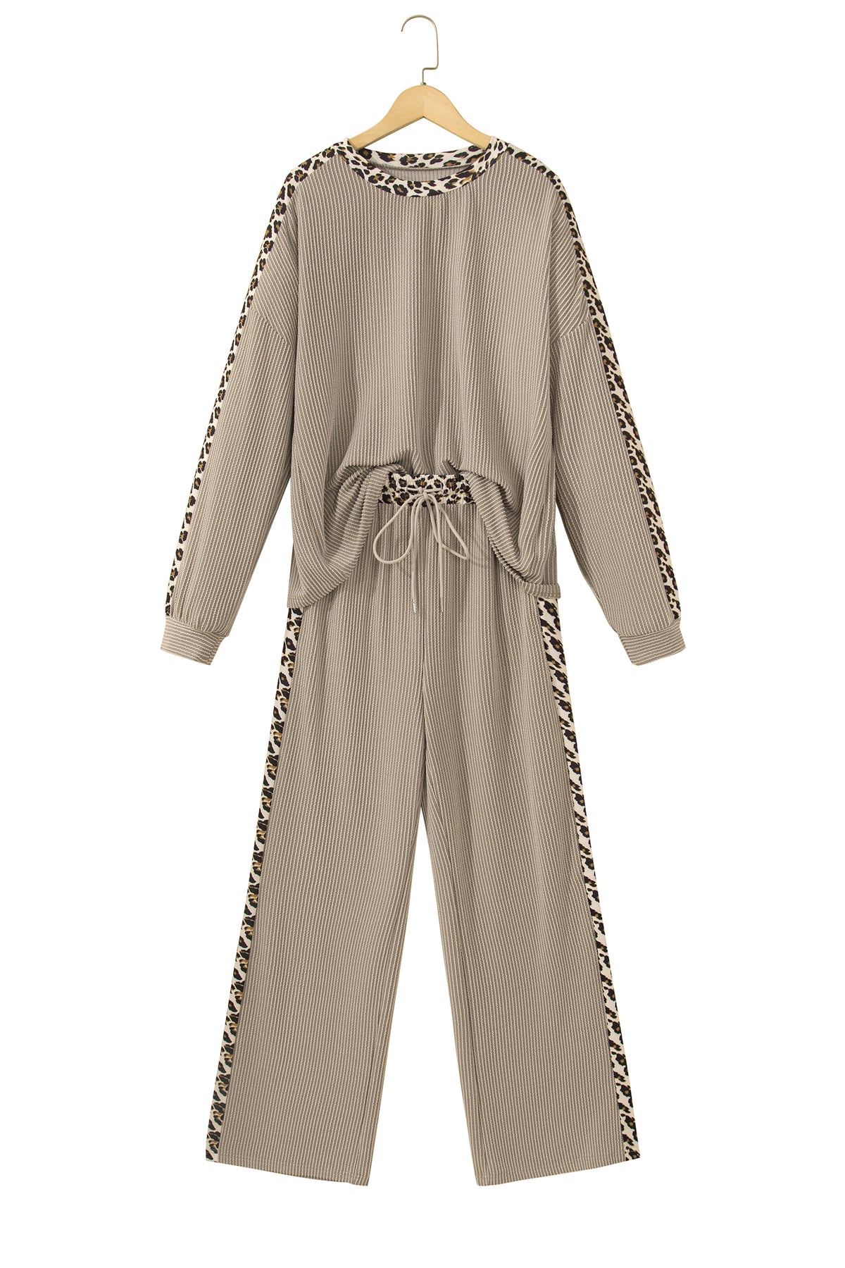 Cozy Ribbed Patchwork Leopard Trim Long Sleeve 2pcs Pant Set