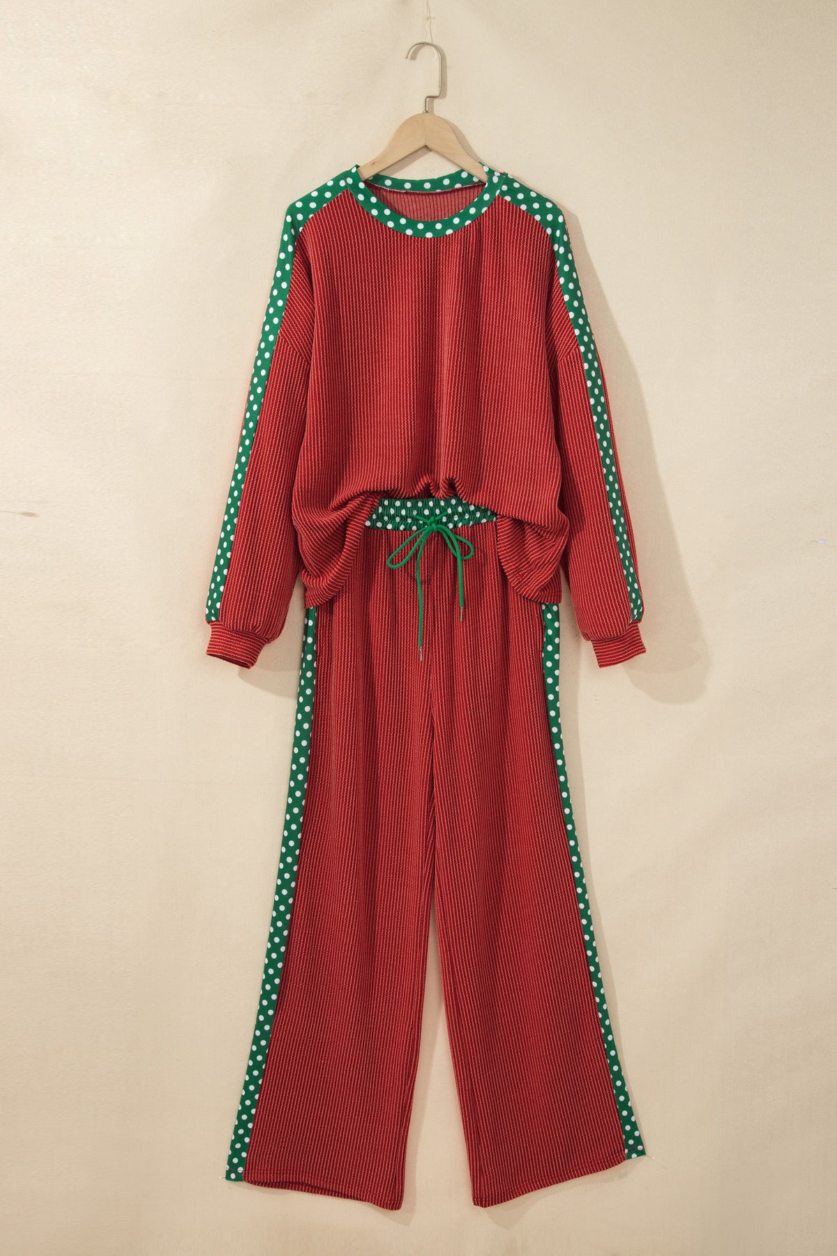 Cozy Ribbed Patchwork Leopard Trim Long Sleeve 2pcs Pant Set