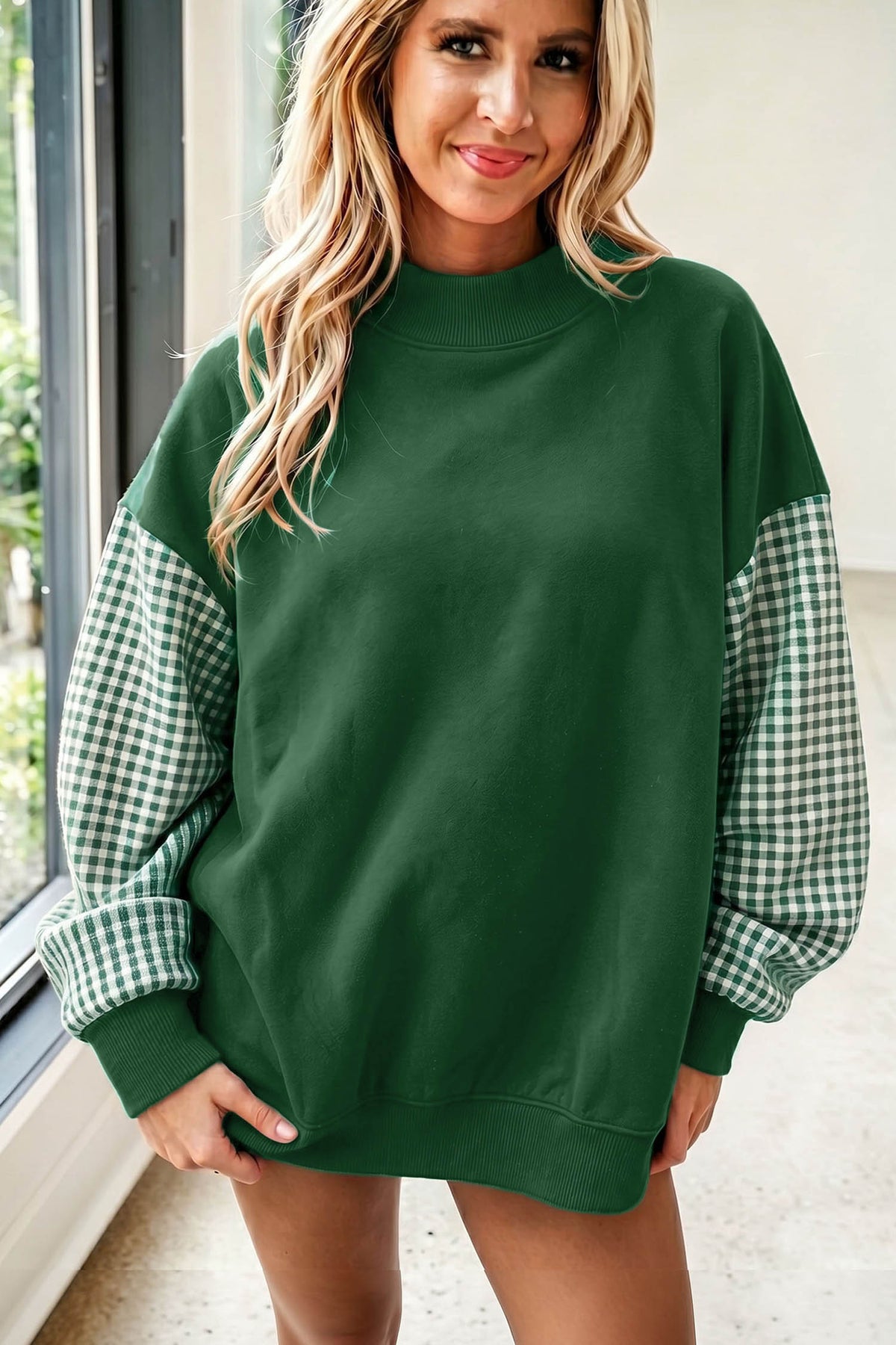 Plaid Sleeve Colorblock Loose Tunic Sweatshirt/8 Color Options