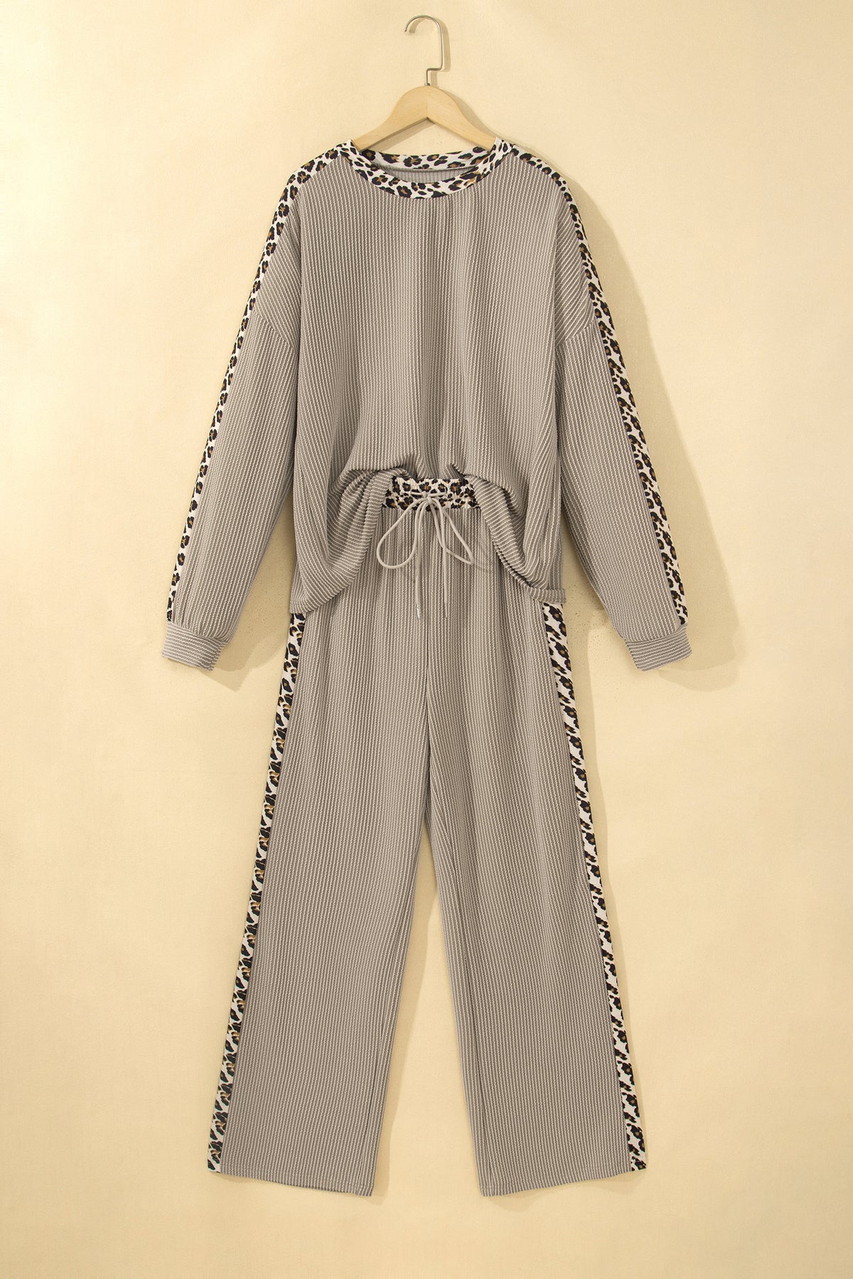 Cozy Ribbed Patchwork Leopard Trim Long Sleeve 2pcs Pant Set