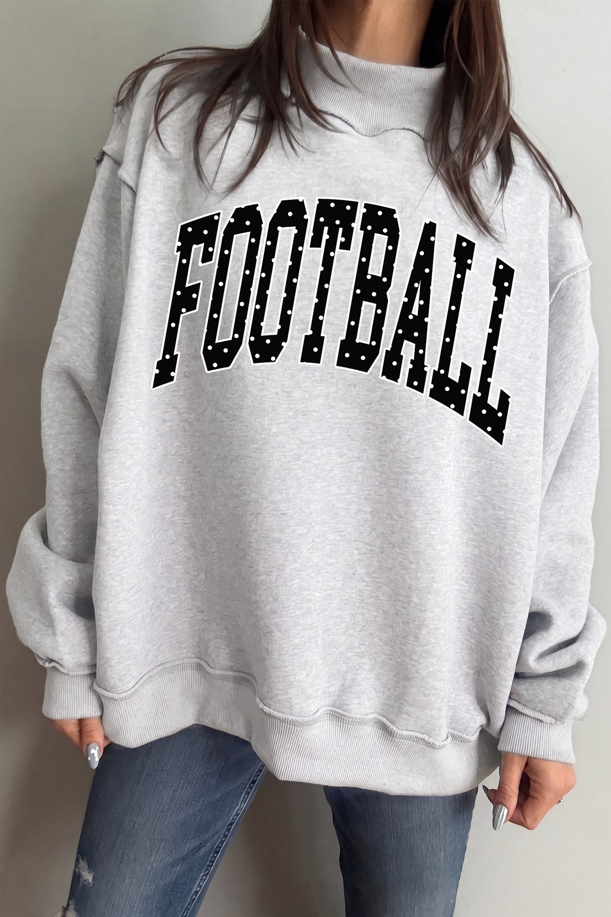 Polka Dot Football Letter Print Mock Neck Long Sleeve Pullover Sweatshirt