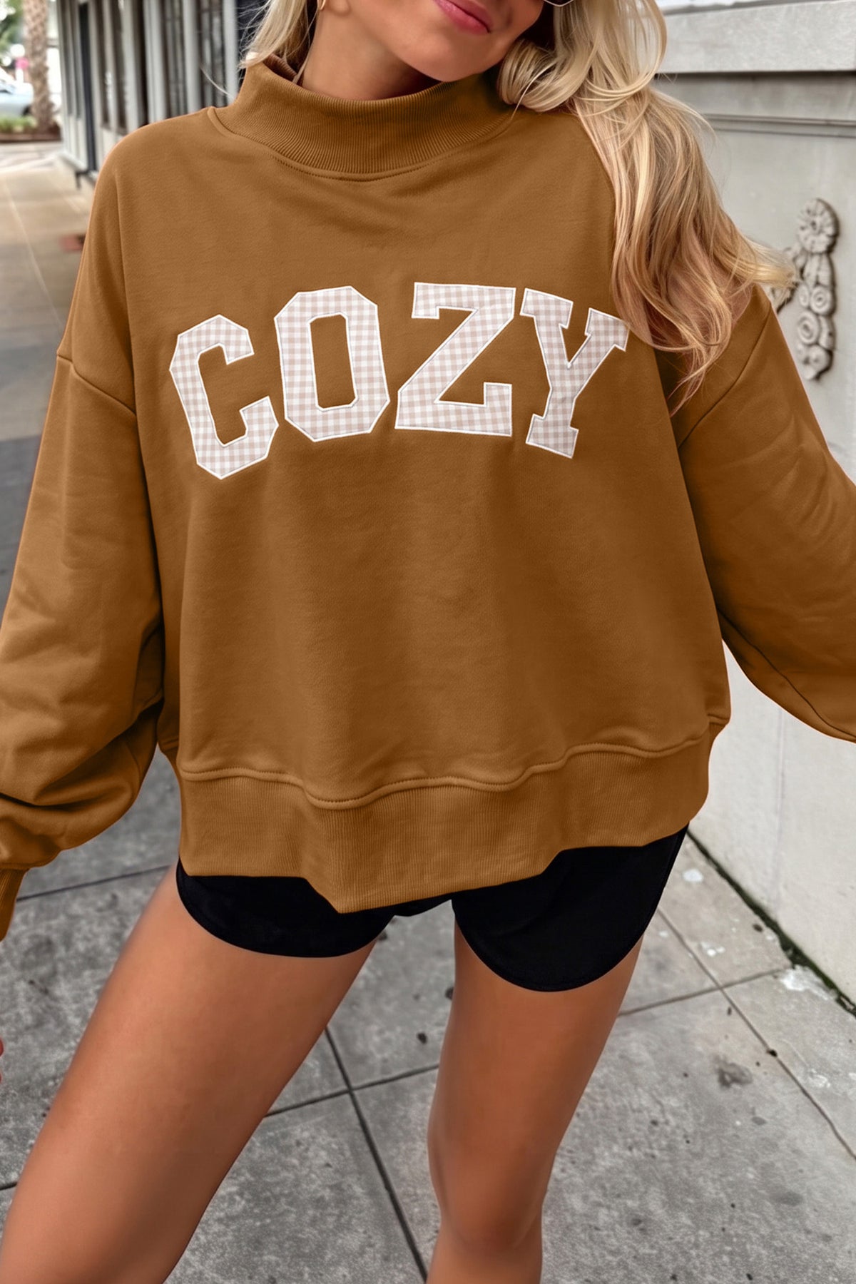 COZY Embroidered Long Sleeve Stand Neck Shift Pullover Sweatshirt