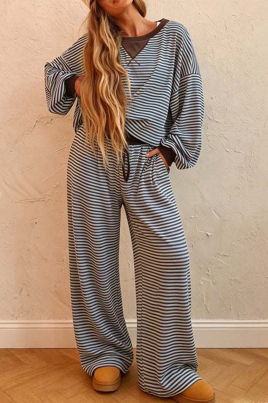 Stripe Drop Shoulder Loose Top and Pants Two Piece Set