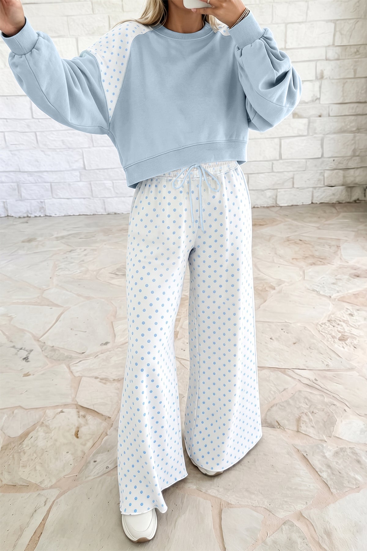 Polka Dot Patchwork Colorblock Long Sleeve Casual Two Piece Pants Set/4 Color Options