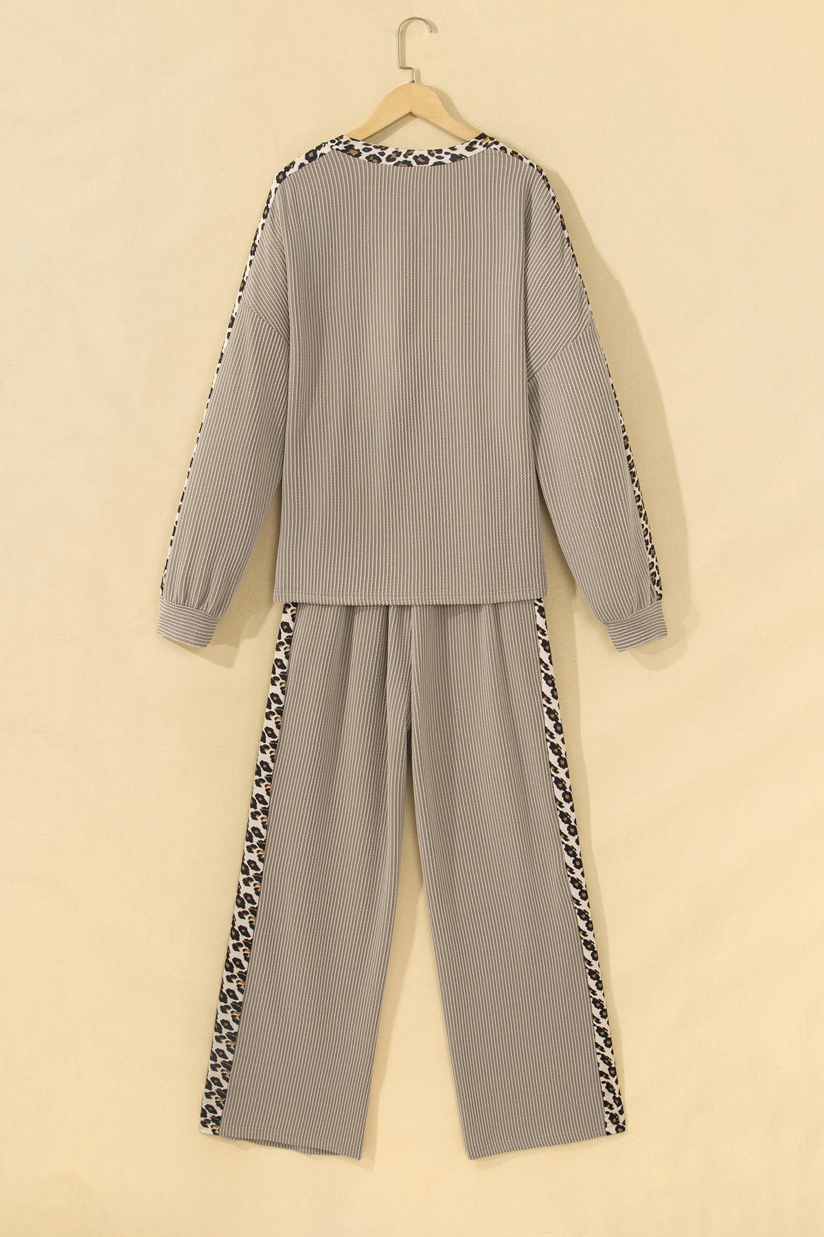 Cozy Ribbed Patchwork Leopard Trim Long Sleeve 2pcs Pant Set