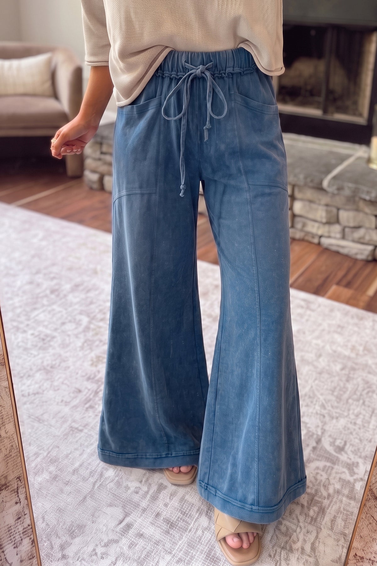 Mineral Wash Seam Detail Flare Leg Drawstring Pants/3 Color Options
