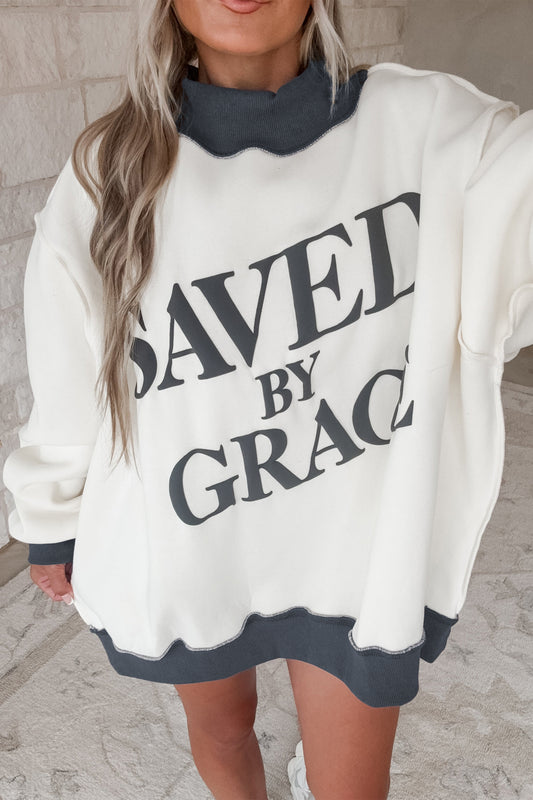 Saved By Grace Print Color Block Mock Neck Oversized Sweatshirt/2 Color Options