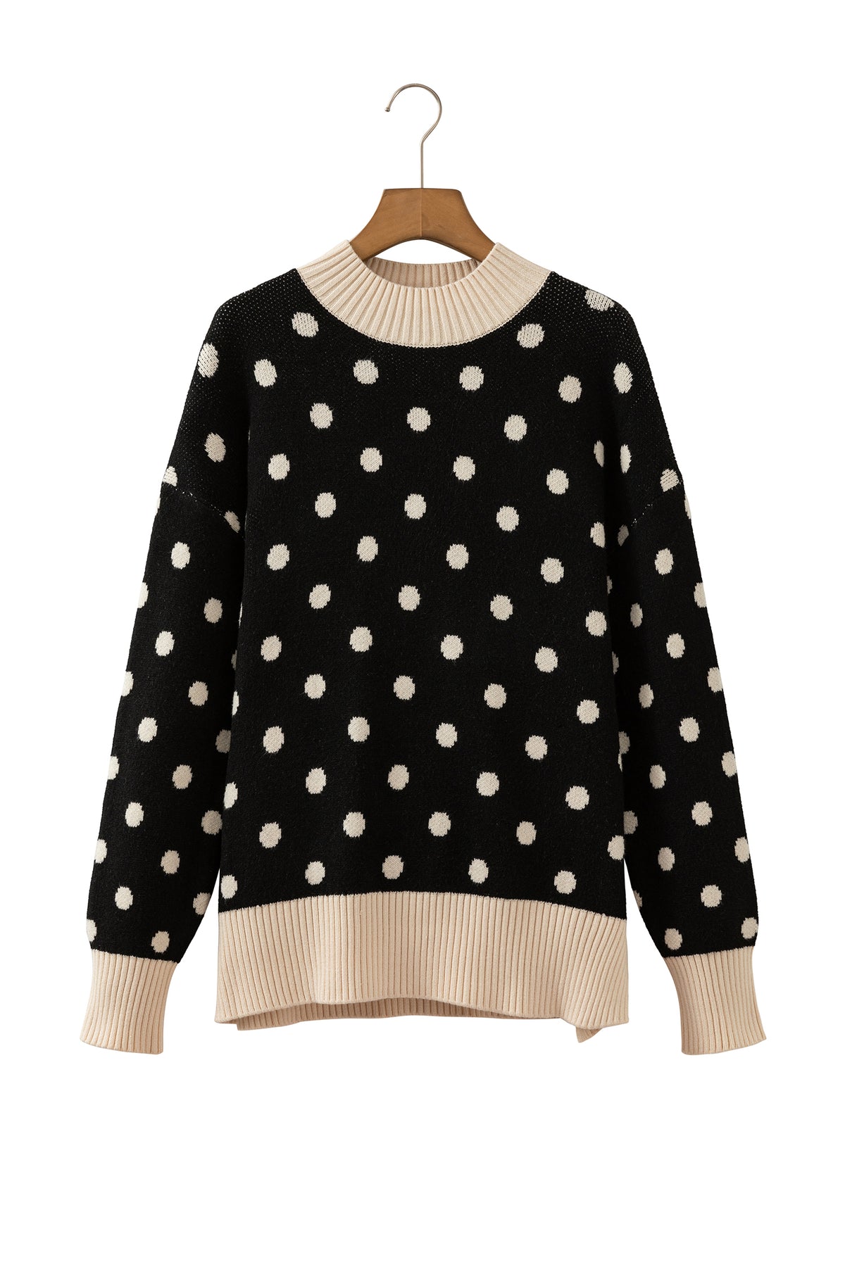 Polka Dot Pattern Ribbed Colorblock Trim Split Tunic Sweater/3 Color Options