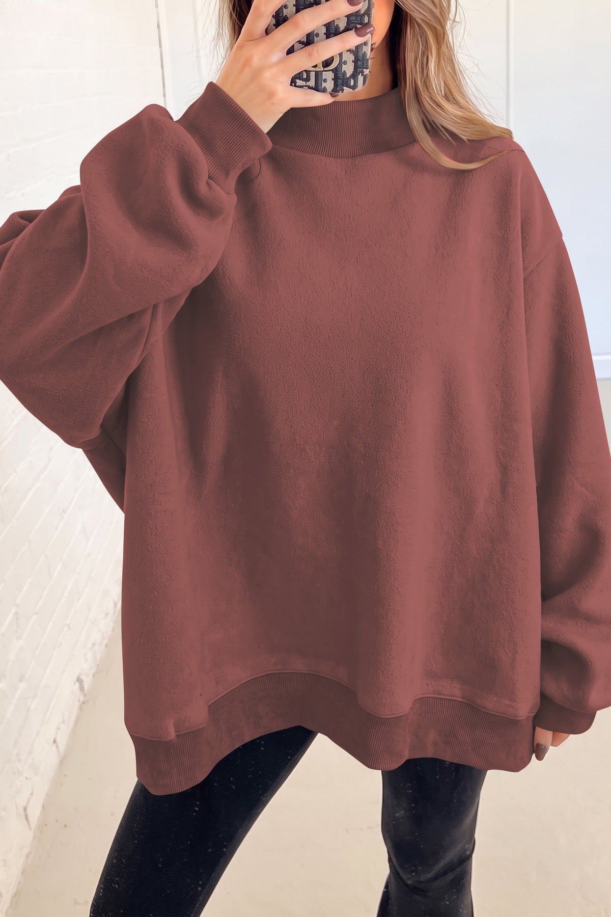 Oversize Drop Shoulder Reversible Mock Neck Sweatshirt/14 Color Options