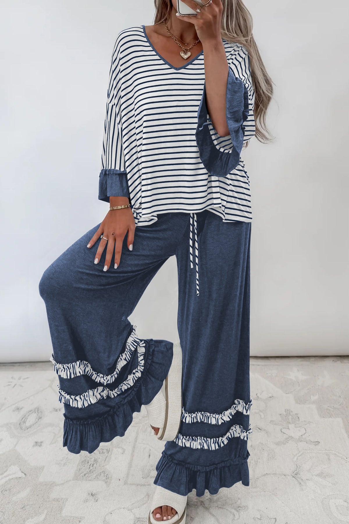 Stripe V Neck Ruffle Contrast Sleeve Top Drawstring Pants 2pcs Set/3 Color Options