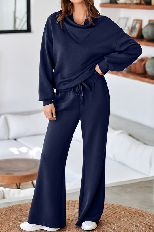 Cowl Neck Drawstring Pullover Wide Leg Athleisure Pants Set/2 Color Options