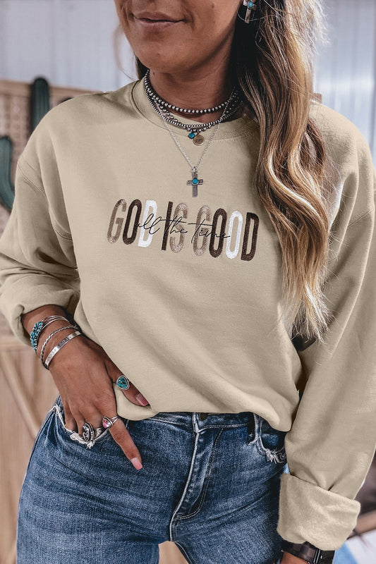 GOD IS GOOD Embroidered Letter Crewneck Pullover Sweatshirt