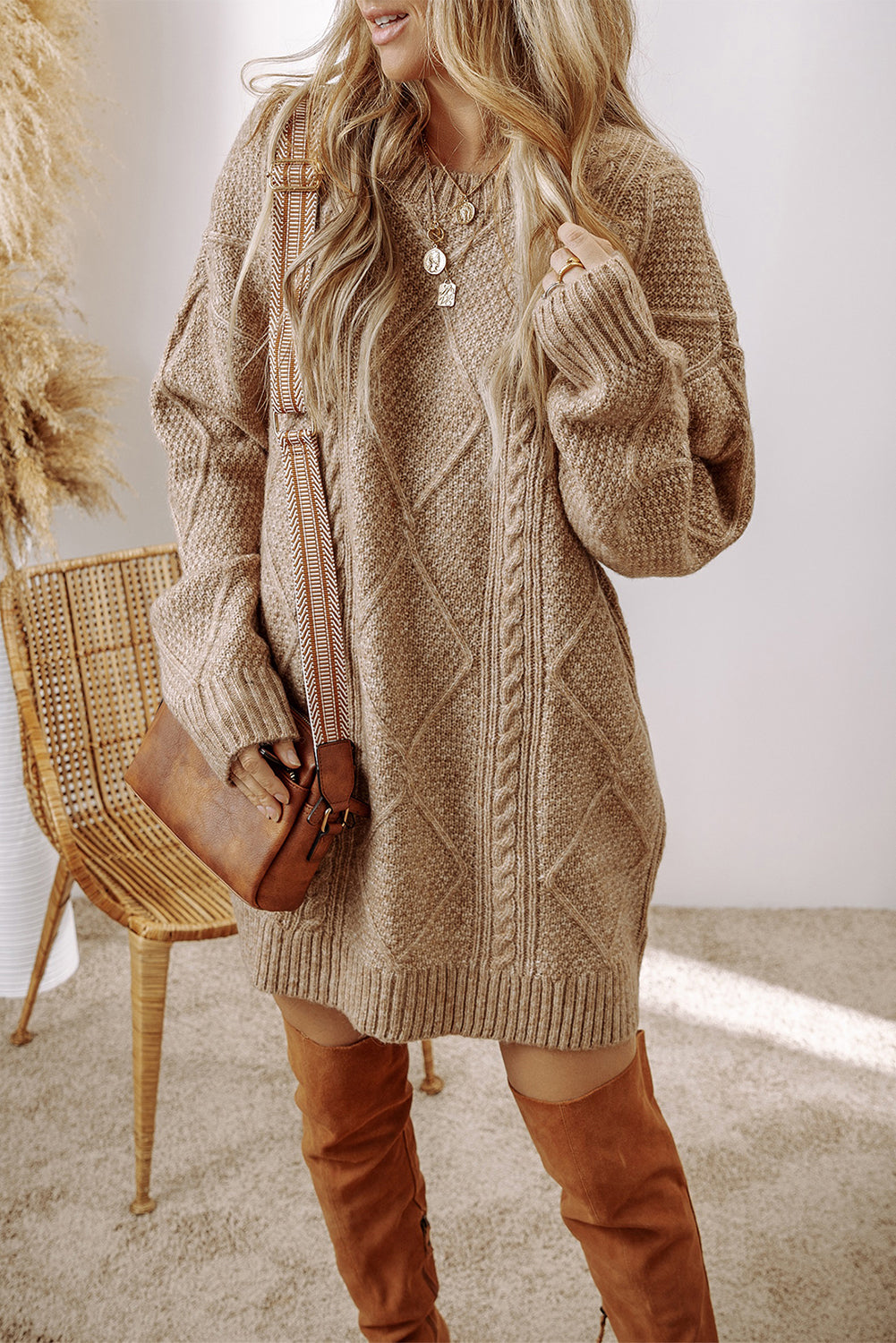 Cable Knit Drop Shoulder Loose Fit Sweater Dress/6 Color Options