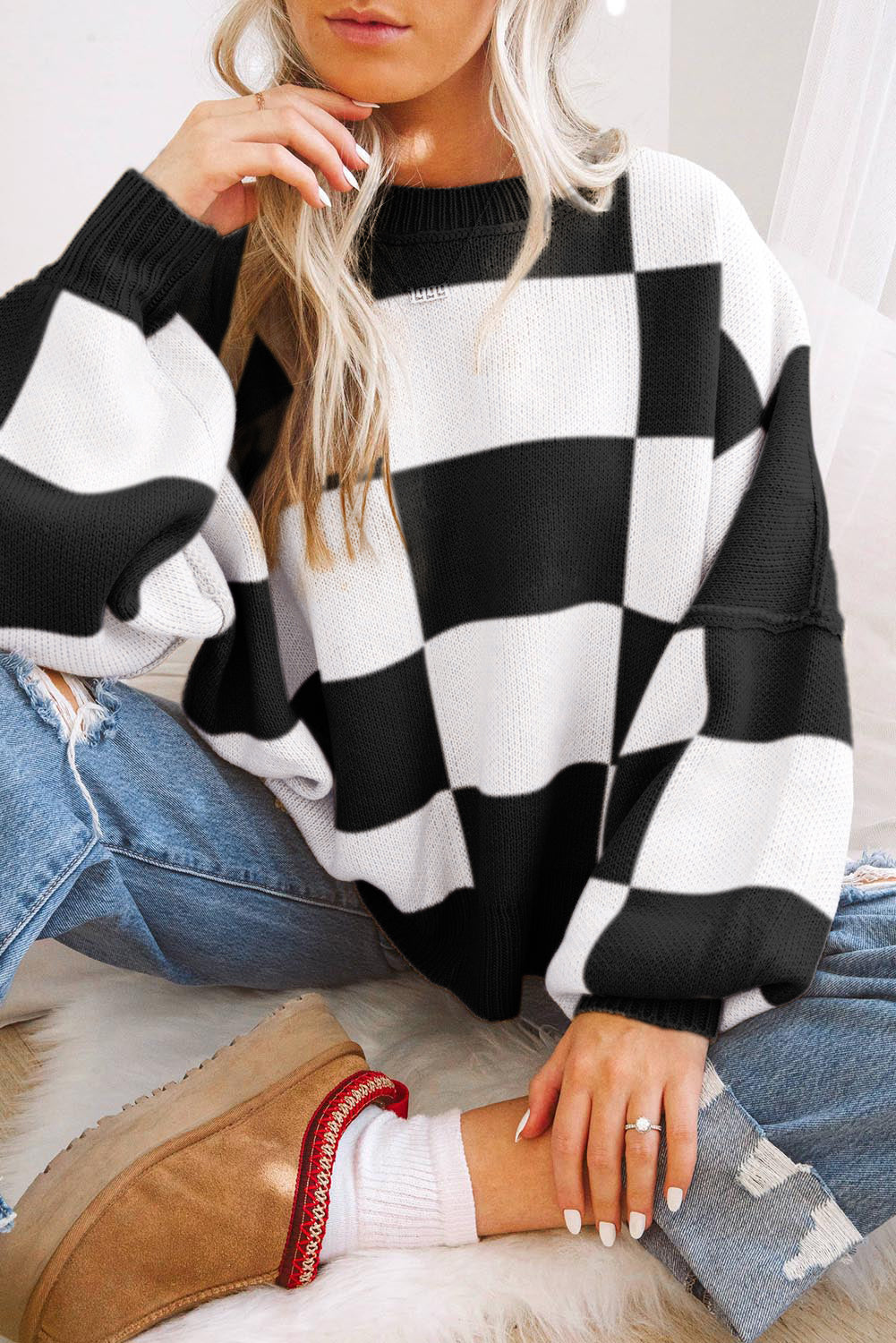 Checkered Bishop Sleeve Sweater/3 Color Options