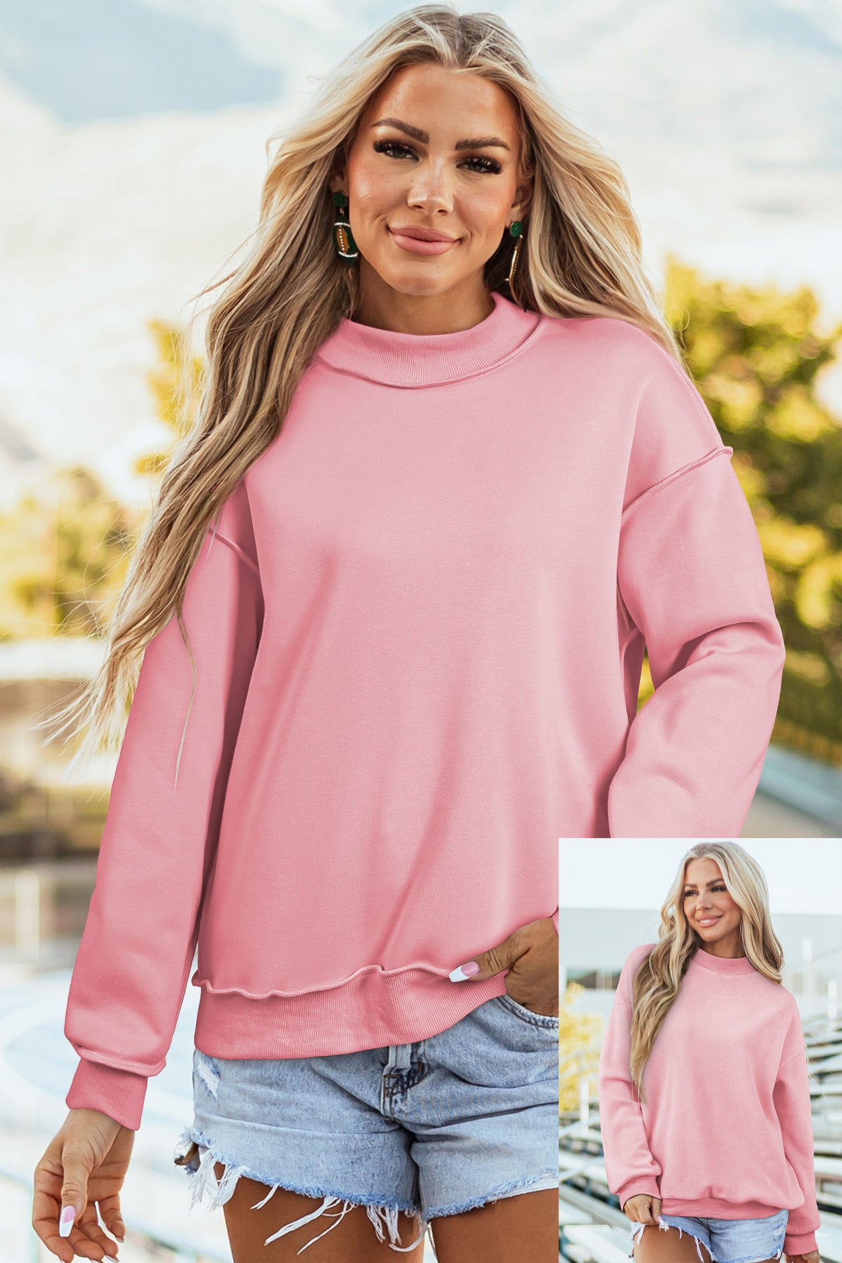 Oversize Drop Shoulder Reversible Mock Neck Sweatshirt/14 Color Options