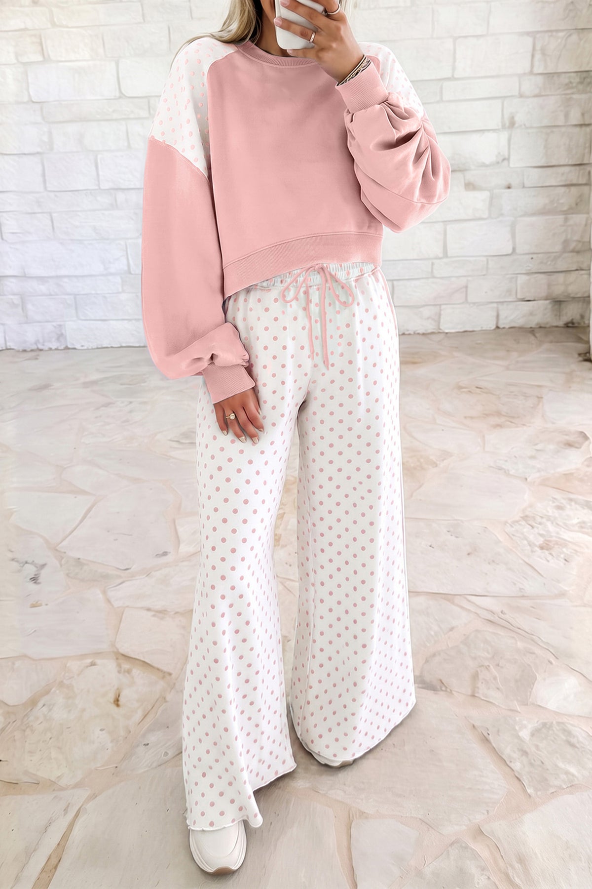 Polka Dot Patchwork Colorblock Long Sleeve Casual Two Piece Pants Set/4 Color Options