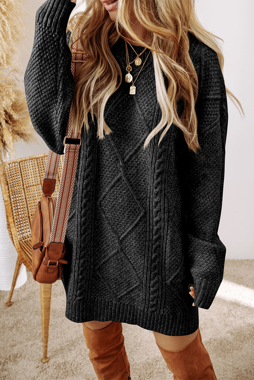 Cable Knit Drop Shoulder Loose Fit Sweater Dress/6 Color Options