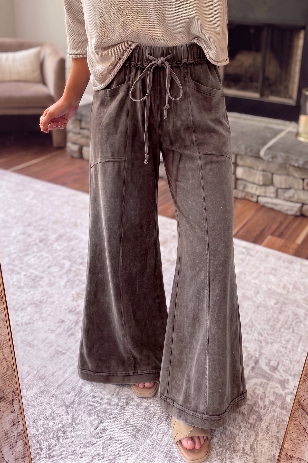 Mineral Wash Seam Detail Flare Leg Drawstring Pants/3 Color Options