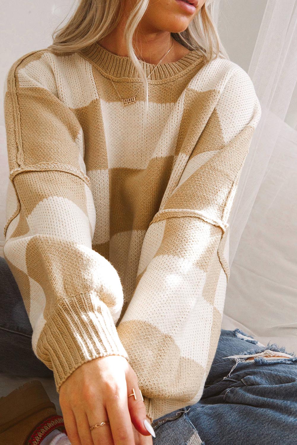 Checkered Bishop Sleeve Sweater/3 Color Options