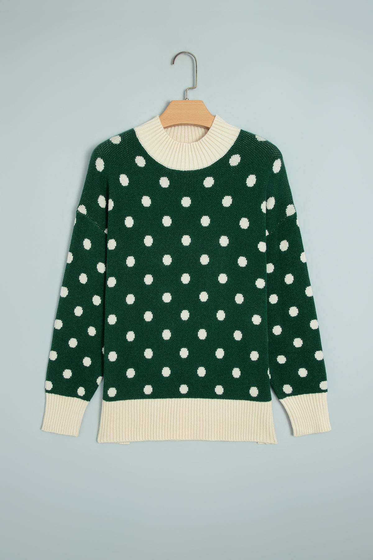 Polka Dot Pattern Ribbed Colorblock Trim Split Tunic Sweater/3 Color Options