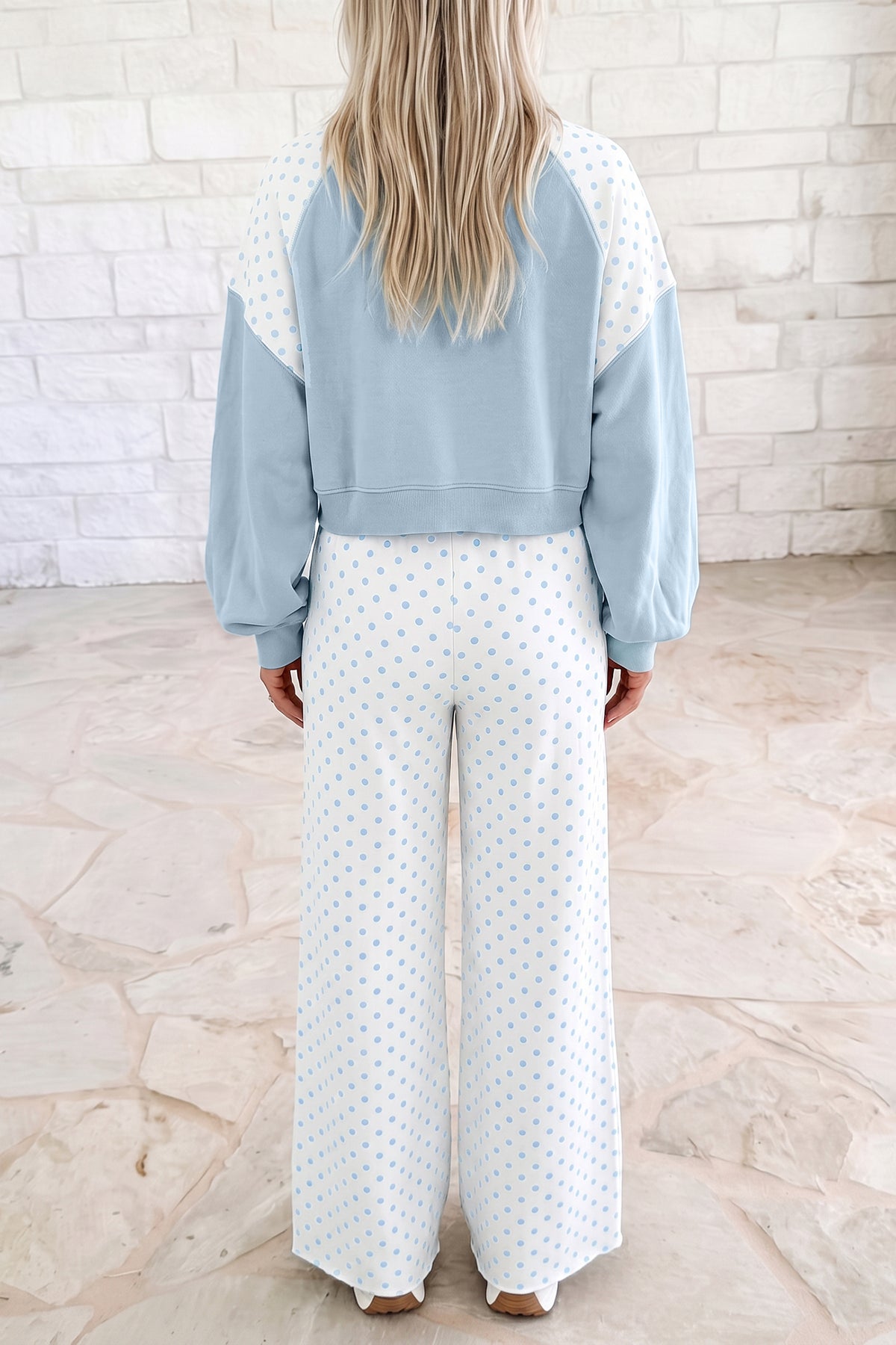 Polka Dot Patchwork Colorblock Long Sleeve Casual Two Piece Pants Set/4 Color Options