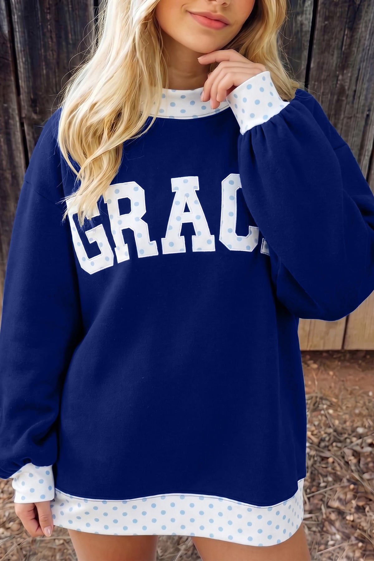 Polka Dot Trim High Neck Letter Graphic Baggy Sweatshirt/3 Color/Styles