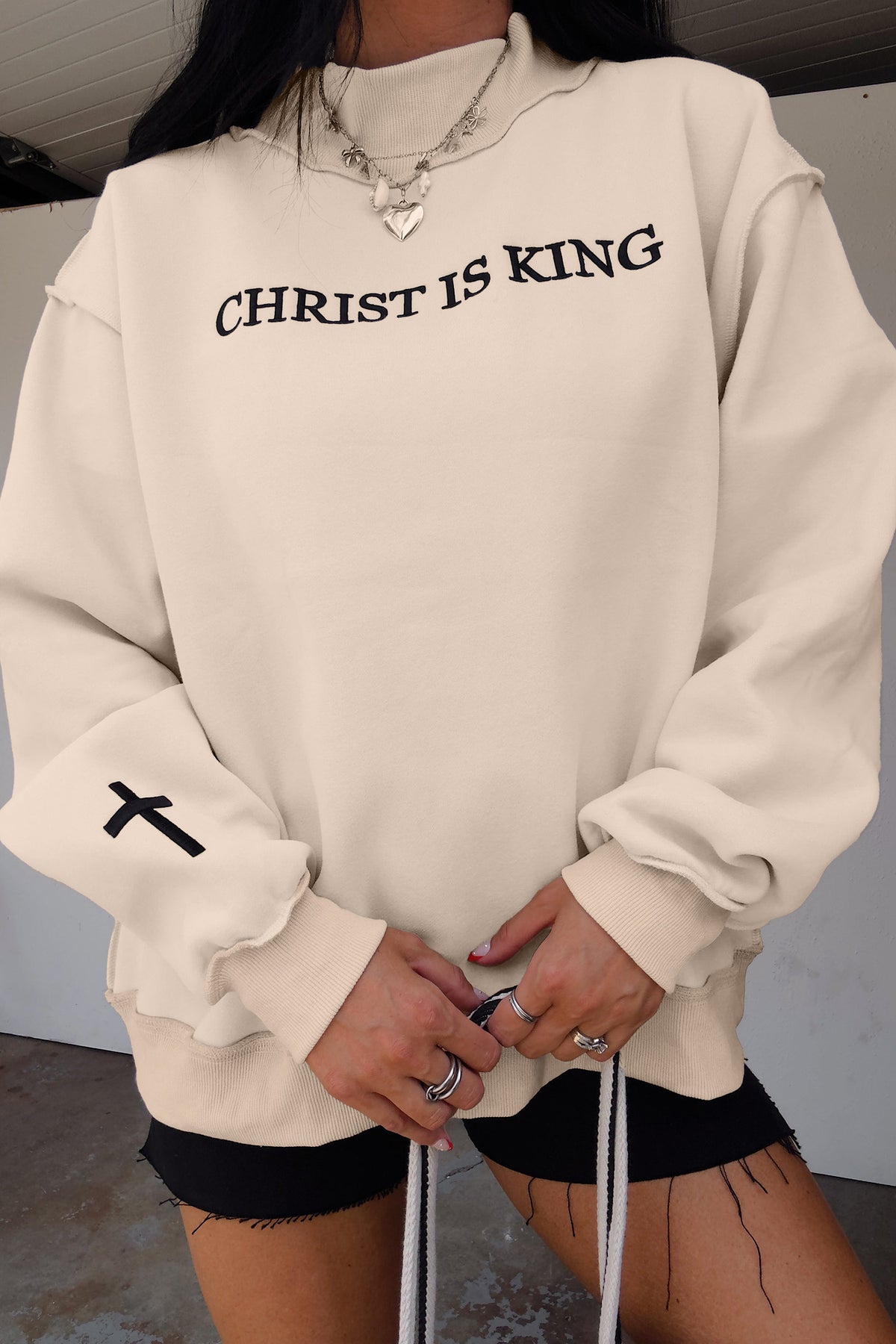 CHRIST IS KING Embroidery High Neck Baggy Sweatshirt/2 Color Options