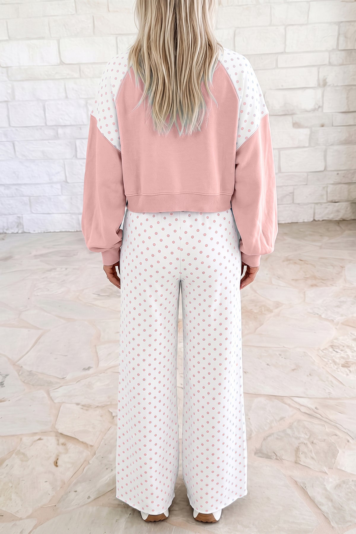Polka Dot Patchwork Colorblock Long Sleeve Casual Two Piece Pants Set/4 Color Options