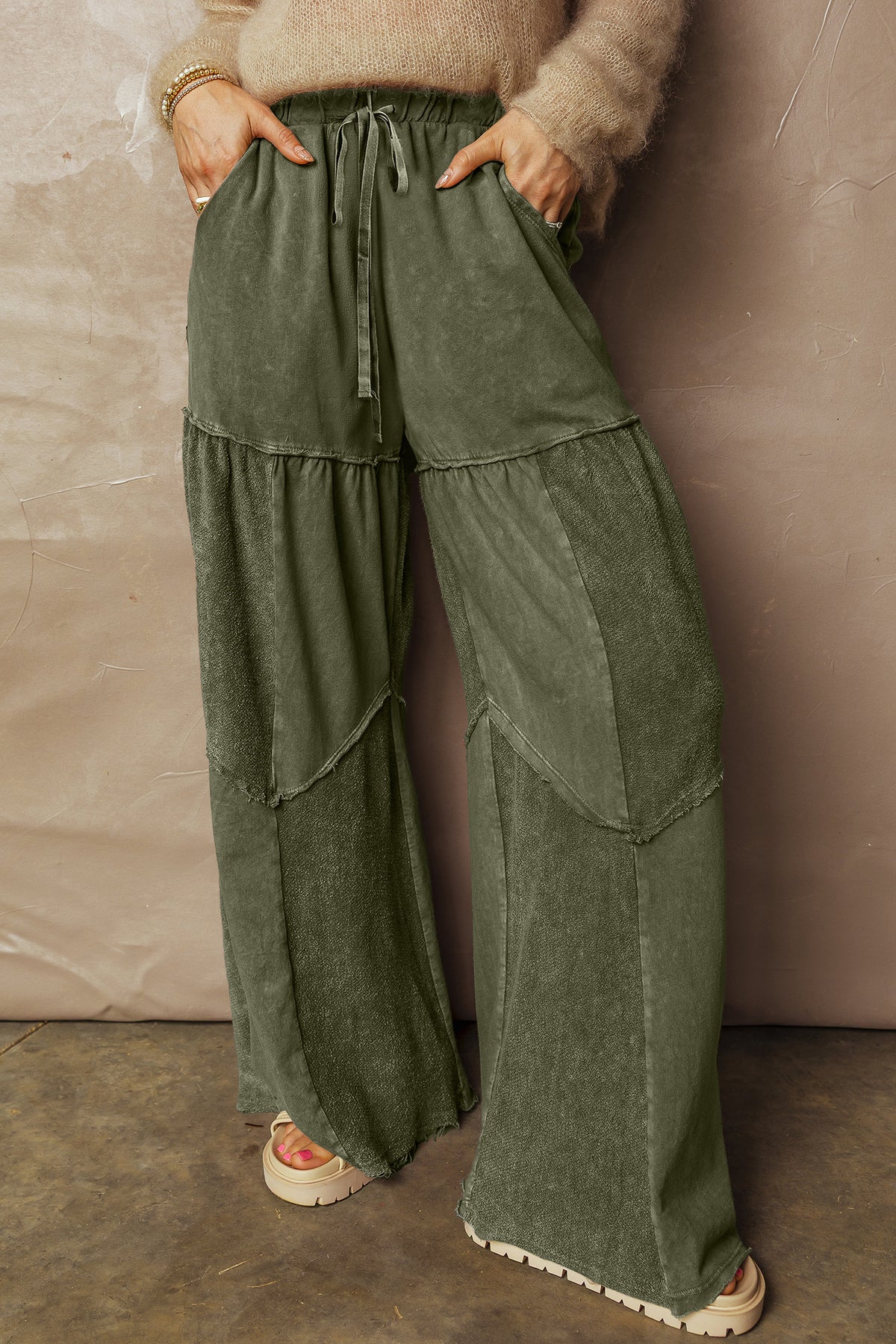 Mineral Wash Tiered Wide Leg Patchwork Drawstring Pants/3 Color Options