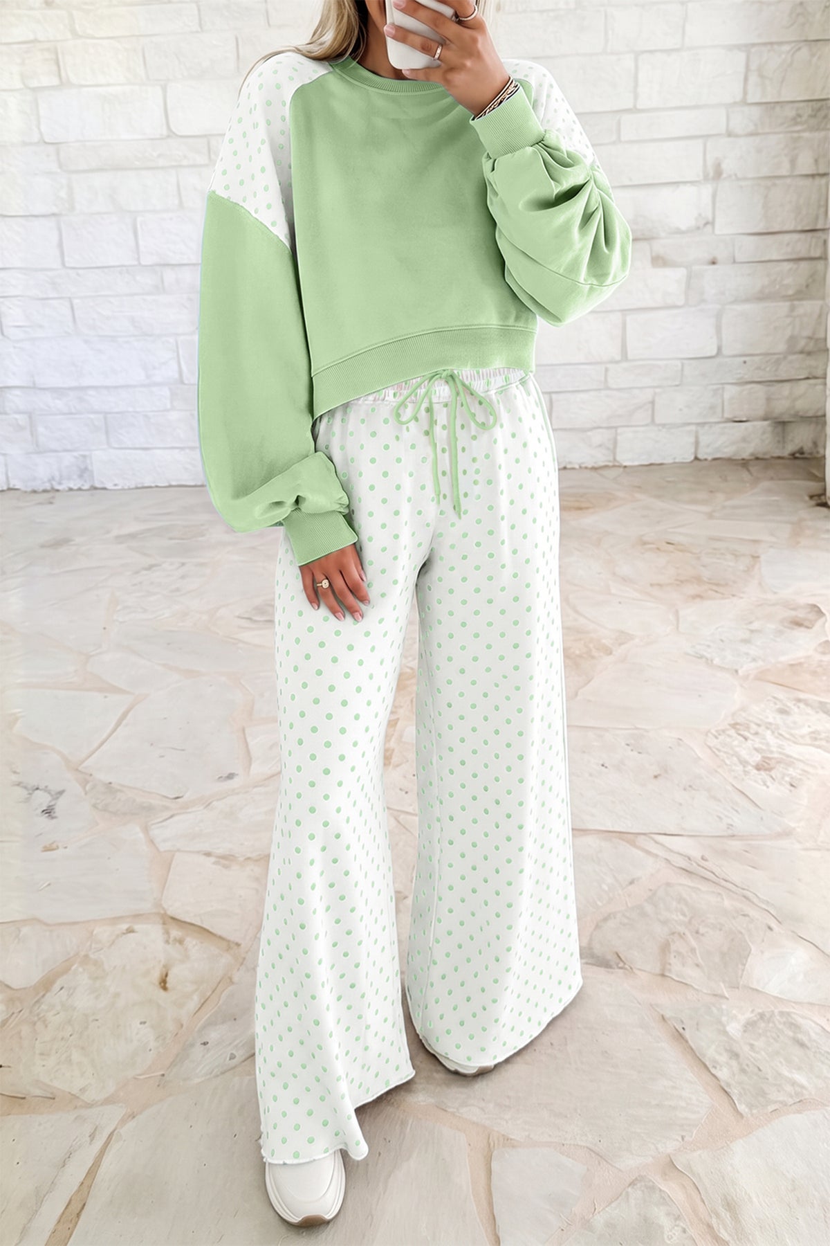 Polka Dot Patchwork Colorblock Long Sleeve Casual Two Piece Pants Set/4 Color Options