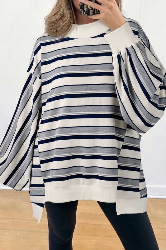 Stripe Striped Ribbed Stand Neck Long Sleeve Shift Silhouette Sweatshirt
