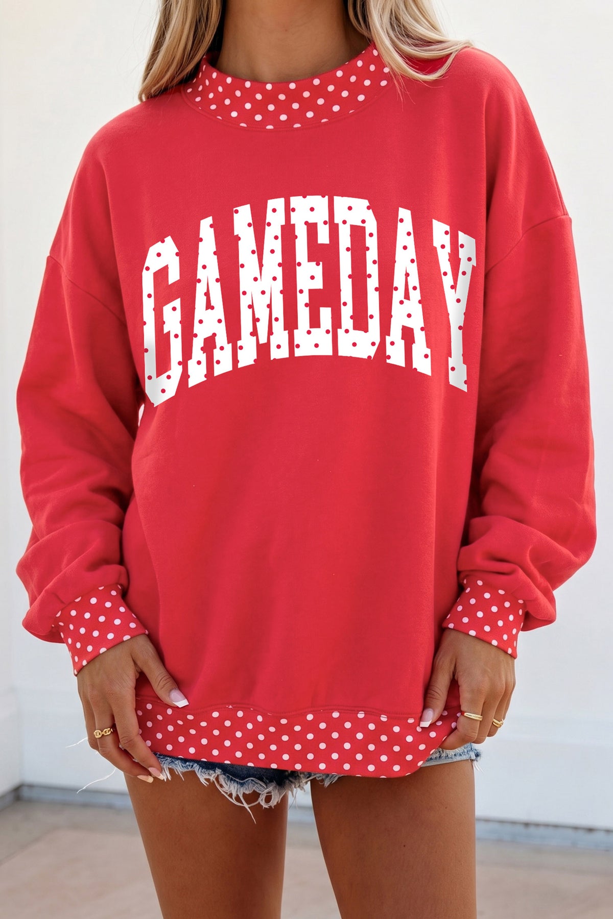 Polka Dot Game Day Graphic Pullover Mock Neck Sweatshirt