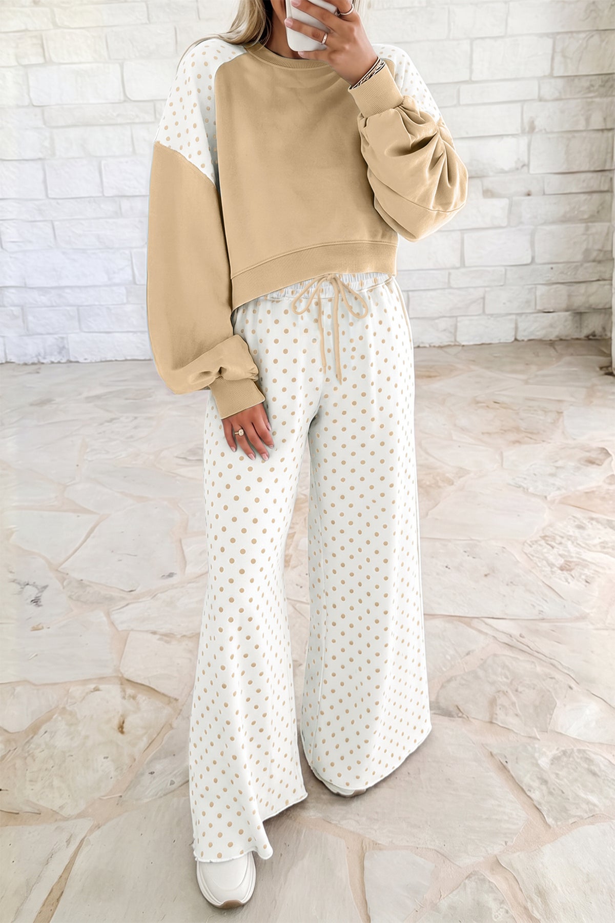 Polka Dot Patchwork Colorblock Long Sleeve Casual Two Piece Pants Set/4 Color Options