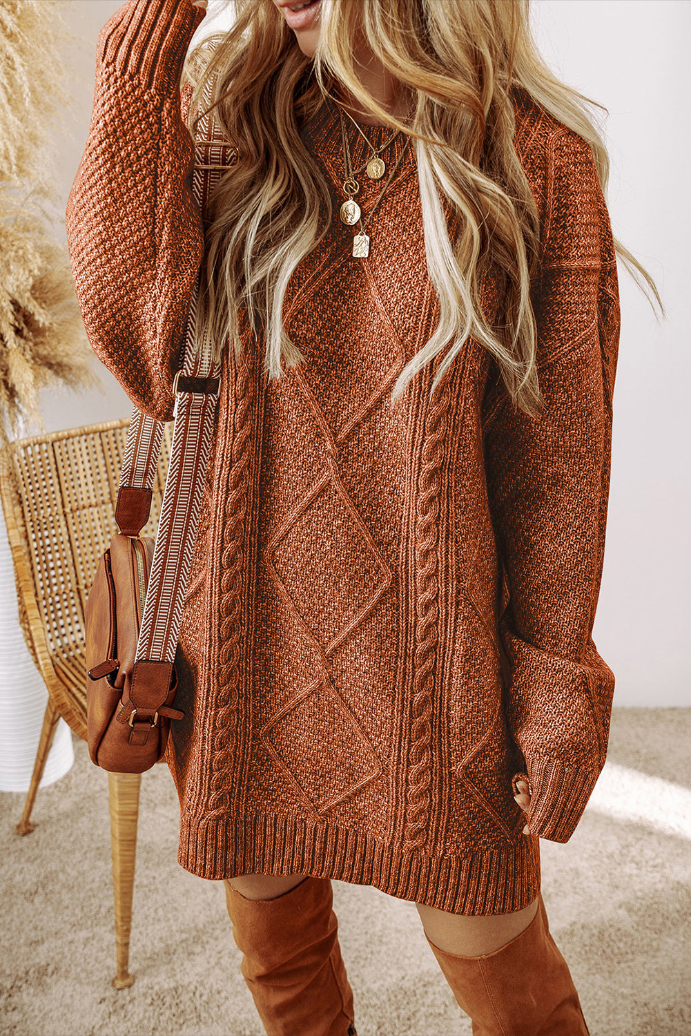 Cable Knit Drop Shoulder Loose Fit Sweater Dress/6 Color Options