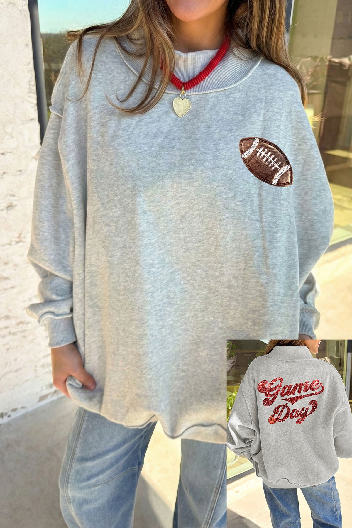 Football Patch Sequin Game Day Lettering Mock Neck Tunic Sweatshirt