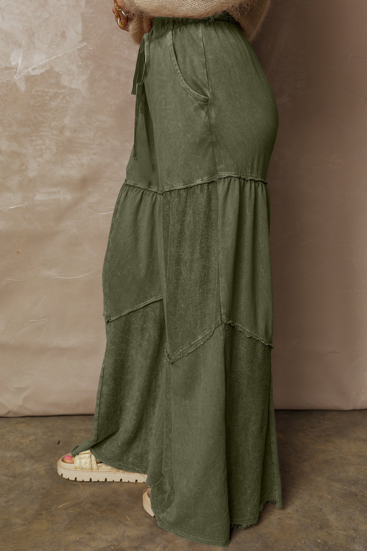 Mineral Wash Tiered Wide Leg Patchwork Drawstring Pants/3 Color Options